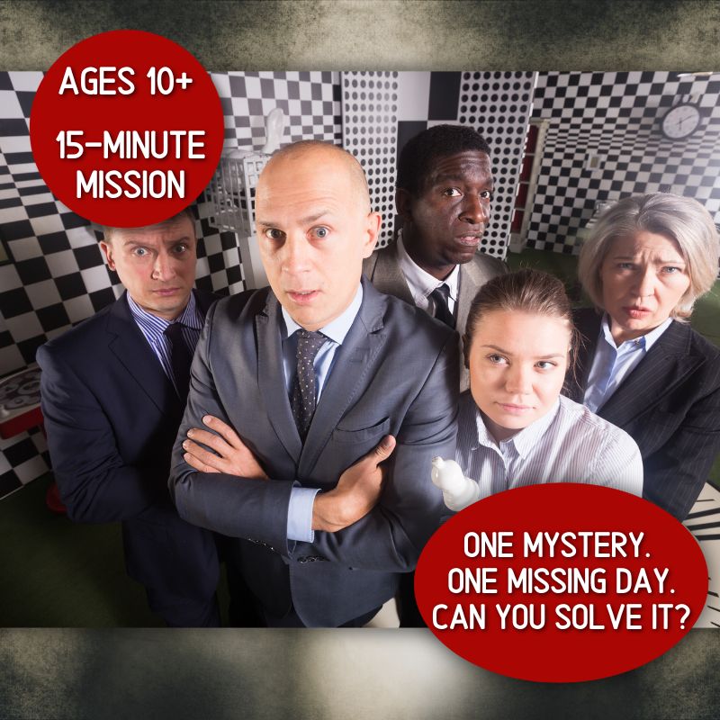 Free printable escape room mystery game PDF called The Missing Day