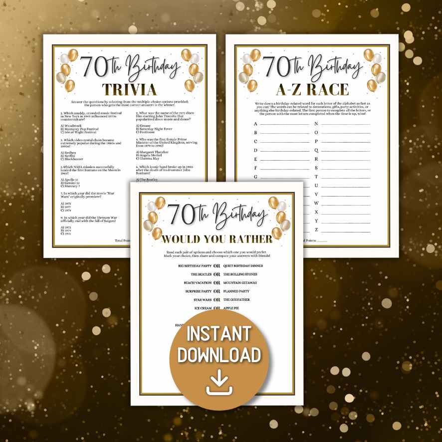 70th birthday party games bundle