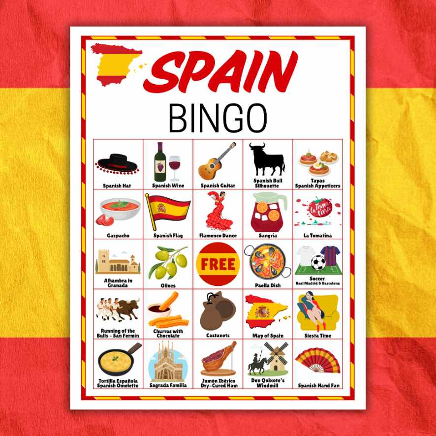 spain travel bingo cards printable