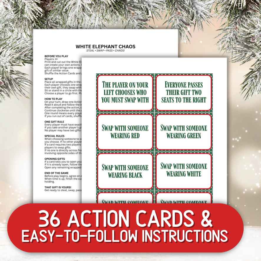 white elephant gift action cards