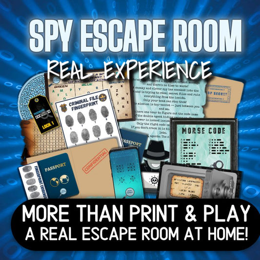 Spy-themed escape room experience with props and text on a blue background