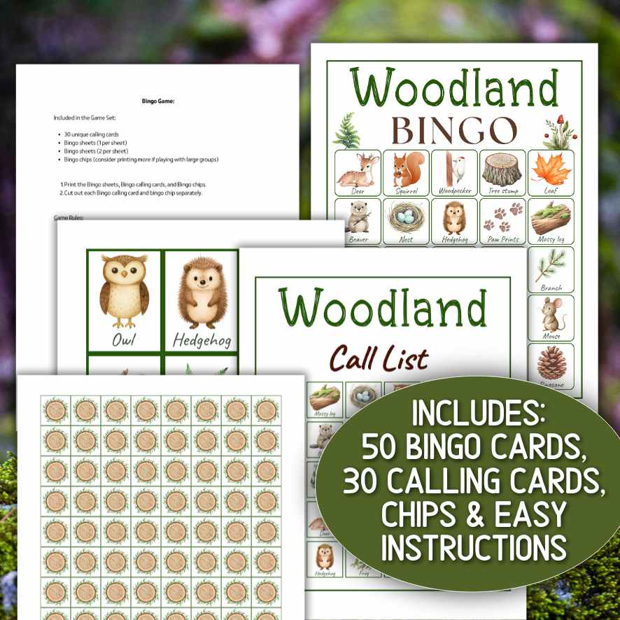 woodland creature baby shower bingo